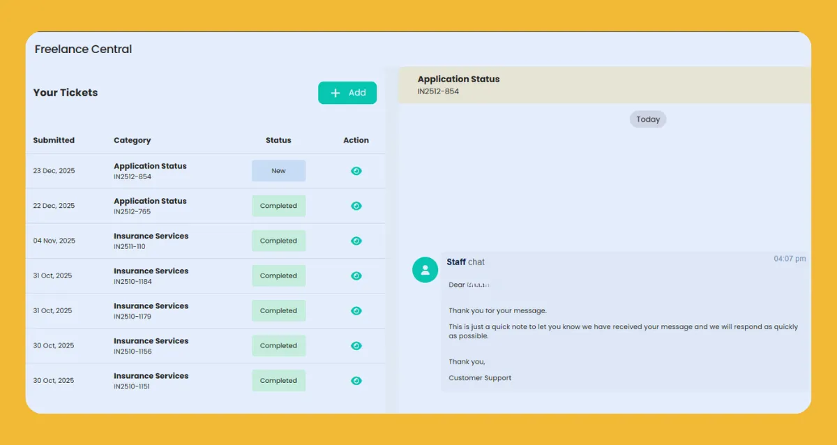 Ticket Support Feature on the Freelance Central Platform